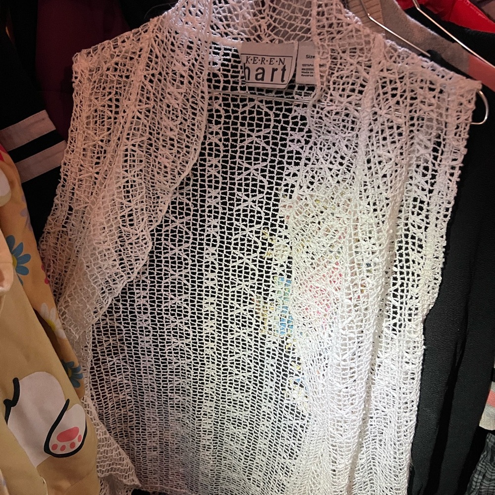 KEREN hart Ivory Crochet Open Vest